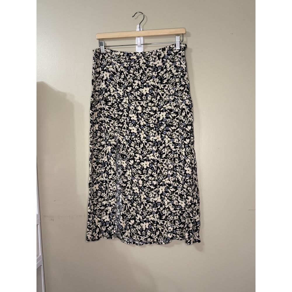 HM Floral Midi Skirt Black Green Front Slit High Waist Viscose Size 10 Womens